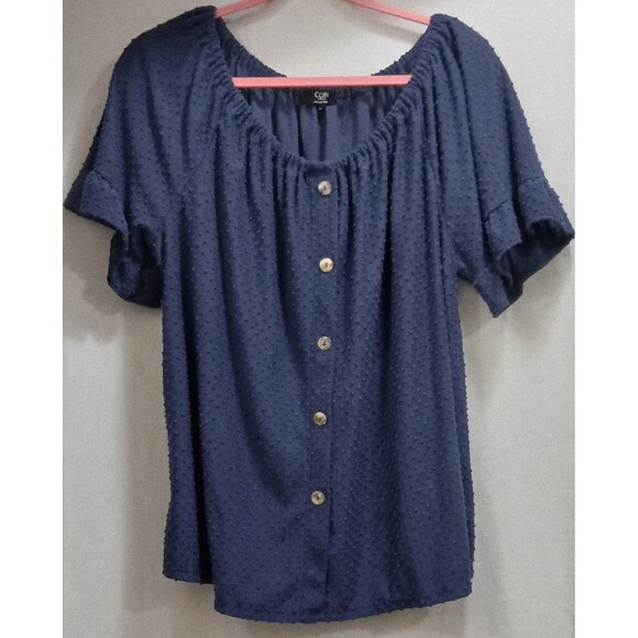 Coin 1804 Plus 2X Women’s Blue Swiss Dot Button Front Blouse Short Sleeve Top - Picture 1 of 7